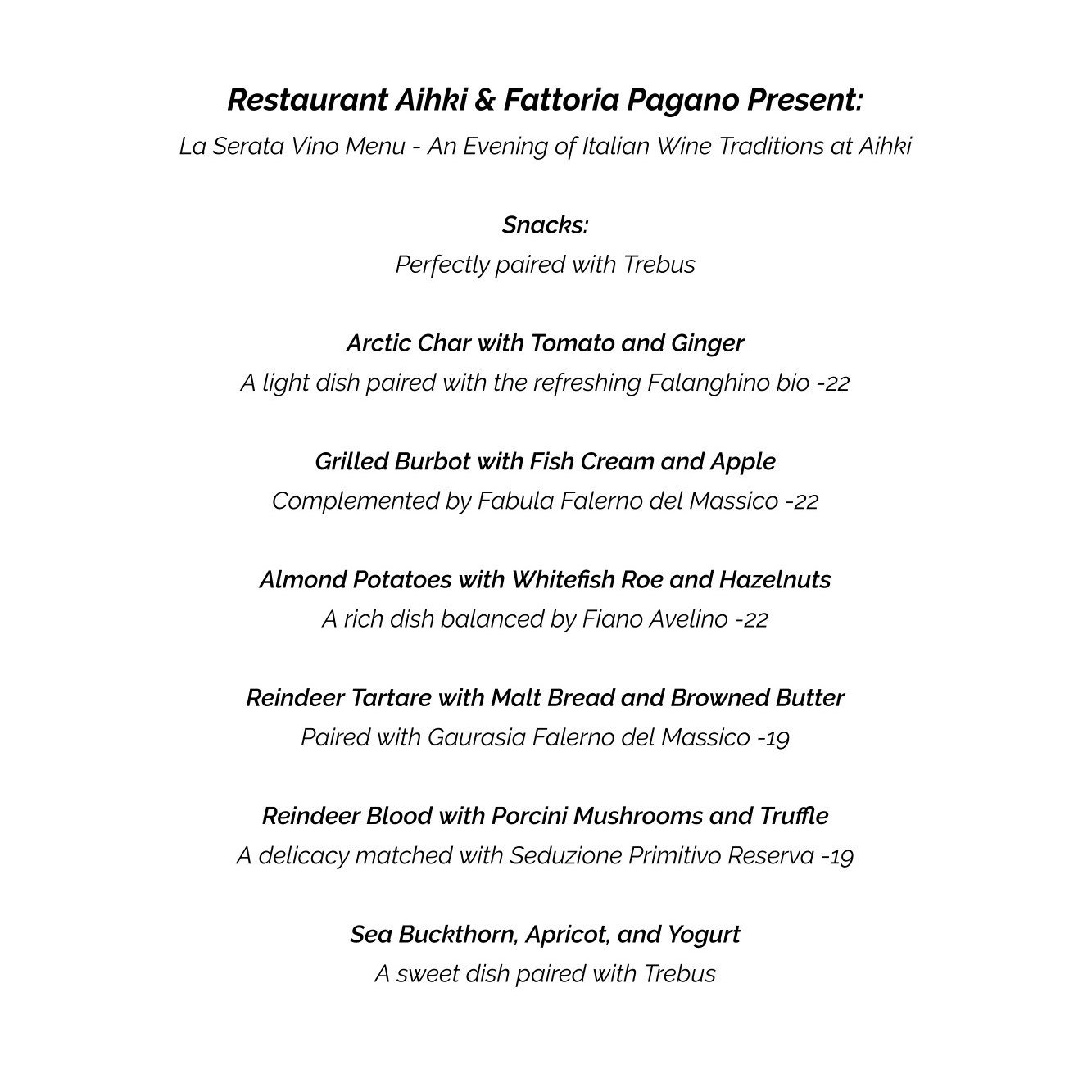 Restaurant Aihki & Fattoria Pagano Present: La Serata Vino Menu - An Evening of Italian Wine Traditions at Aihki